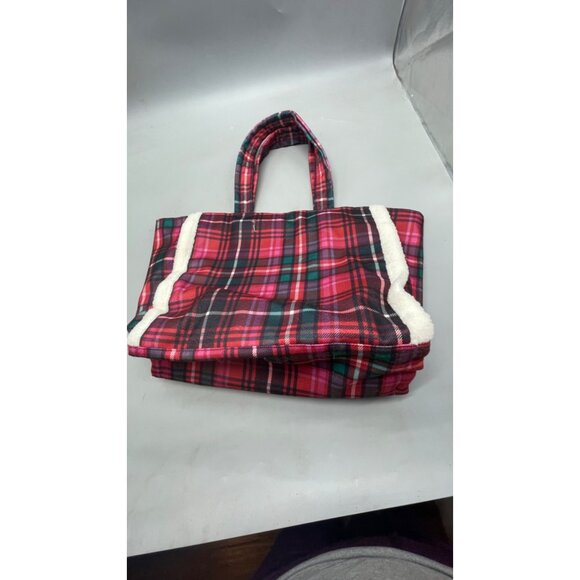 Victorias Secret Red Plaid Tote Bag With Sherpa Detailing & Logo Patch READ - Picture 4 of 8